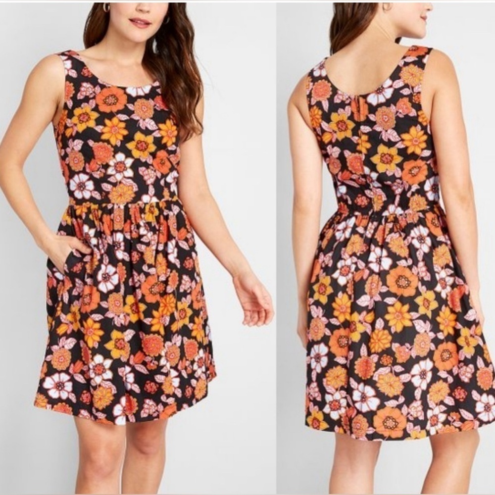 MODCLOTH Optimistic Effect Sleeveless Floral ALine Dress Sm. RETRO, VINTAGE FEEL